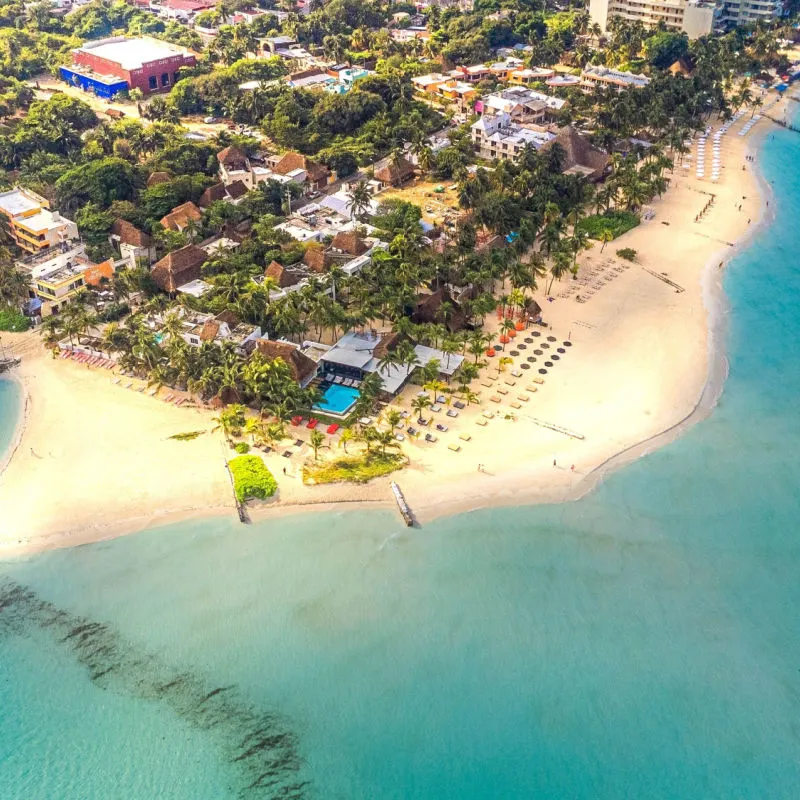 Aerial view of Isla Mujeres with buildings