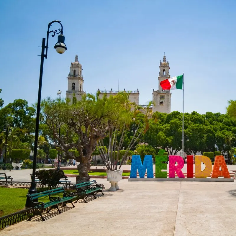 The colorful merida sign in a park in the city
