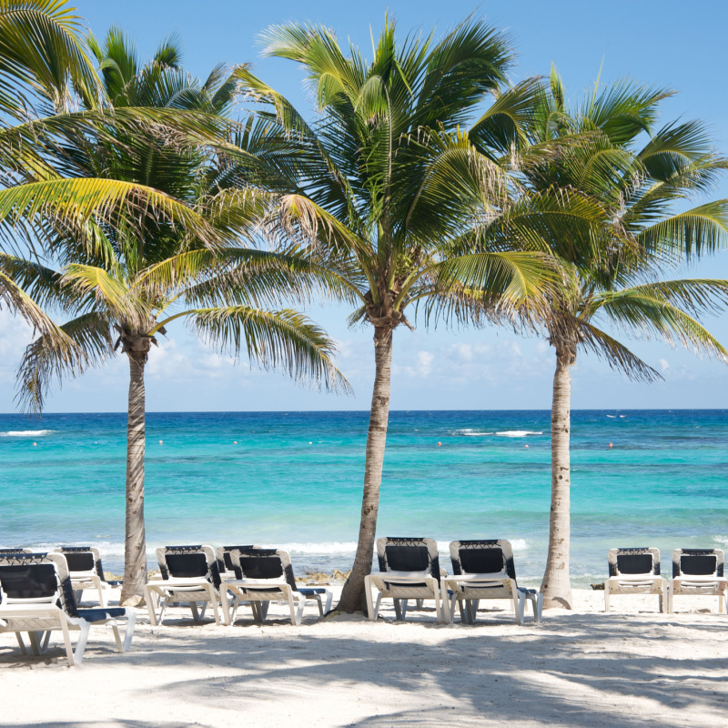 View of palm trees, chairs, and Caribbean sea in the Riviera Maya
