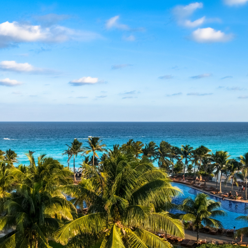 View of the Caribbean Sea and palm trees in the Riviera Maya 