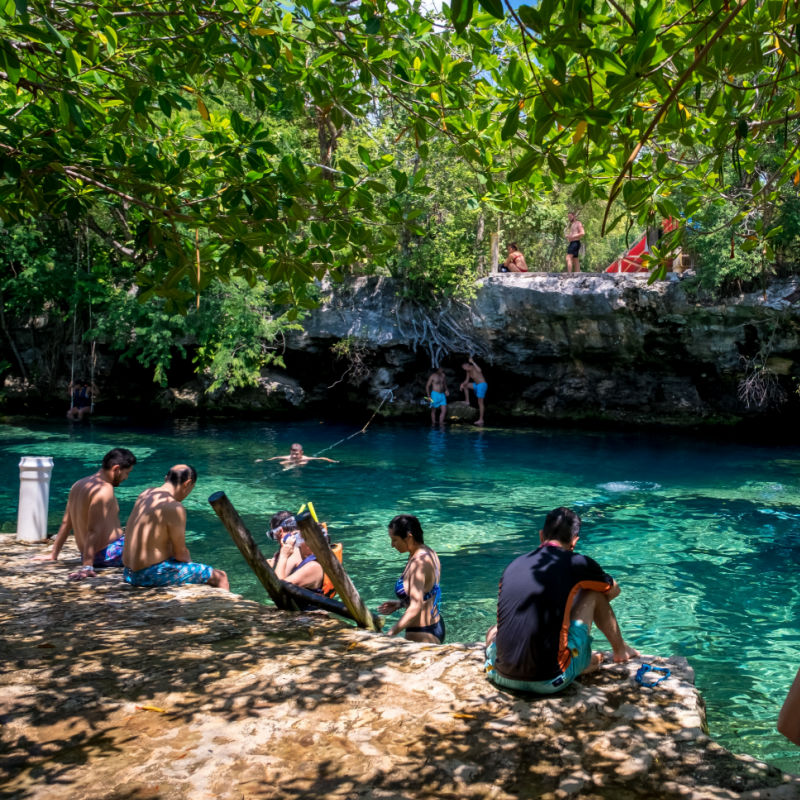 Tourists Gathered Around Cenote Cristalino in Riviera Maya, Mexico