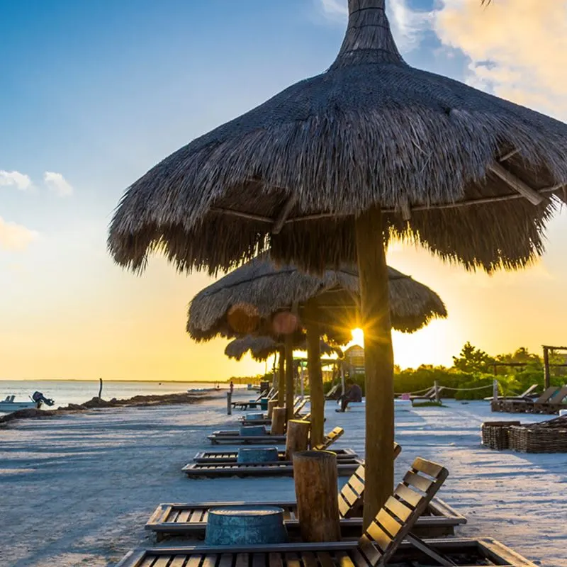 Beach chairs and umbrellas on a beach on Isla Holbox