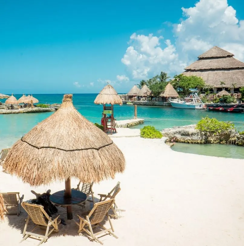 Caribbean beach and lagoon on a sunny day in summertime. Cancun, Mexico.