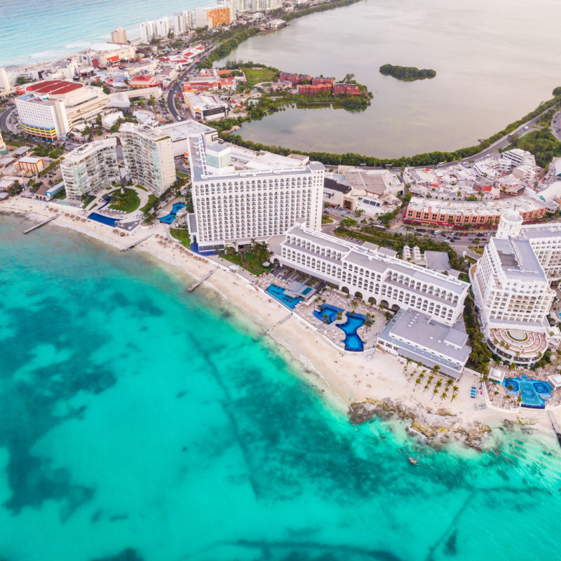 Aerial view of the Cancun resort zone and its blue waters 