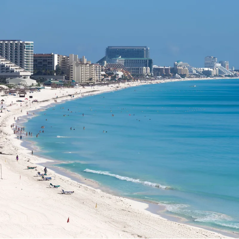 Panoramic view of a beach in Cancun and its resorts