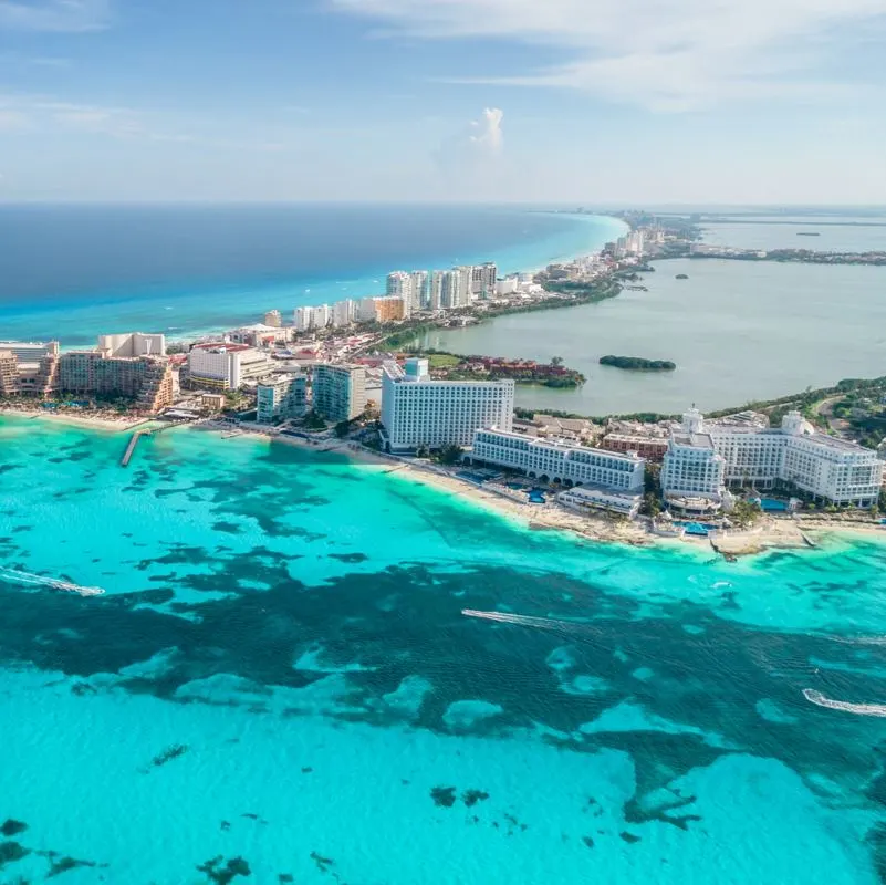 Aerial view of Cancun beach hotels