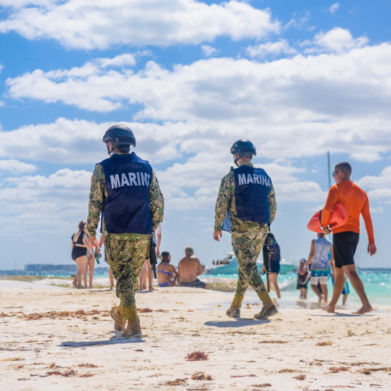 Mexican Navy troops deployed on a beach in Cancun 