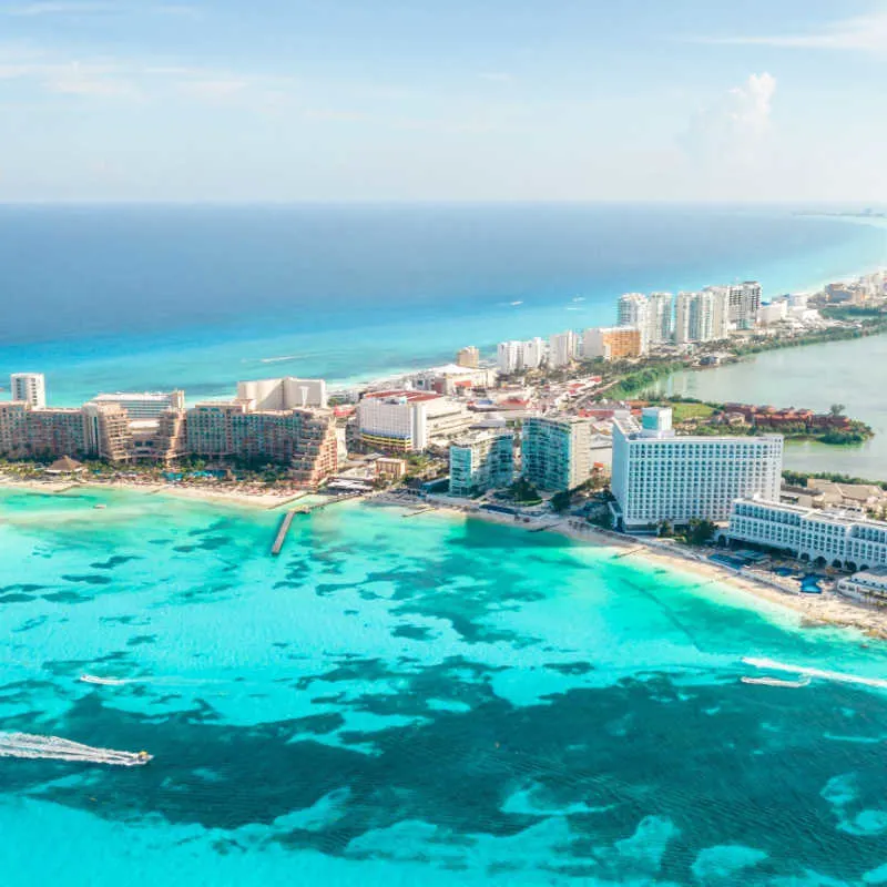 Aerial view of the hotel zone and its blue water