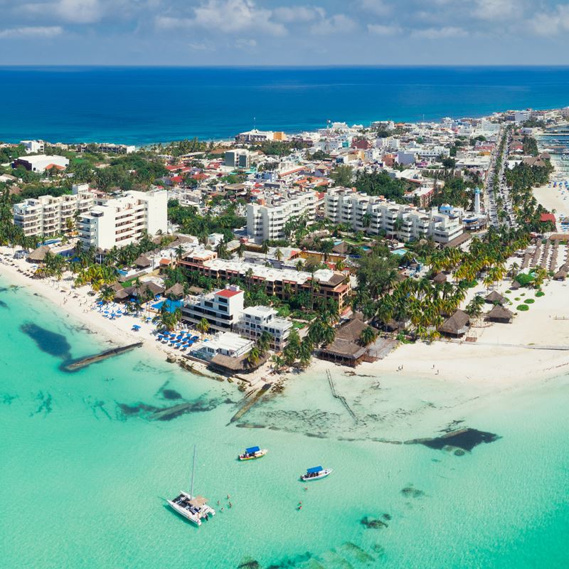 Isla Mujeres aerial view with resorts and beaches 