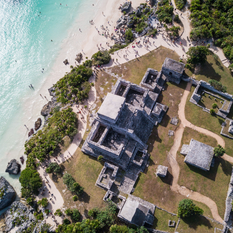 Aerial view of Tulum ruins with the sea 