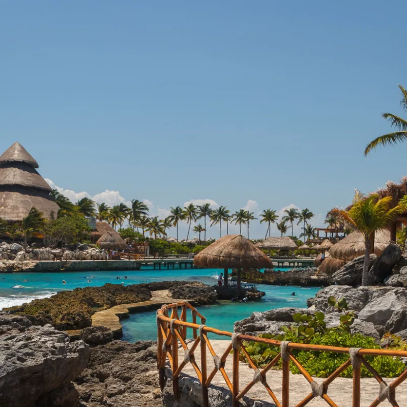 Xcaret Park with few travelers and outdoor pools