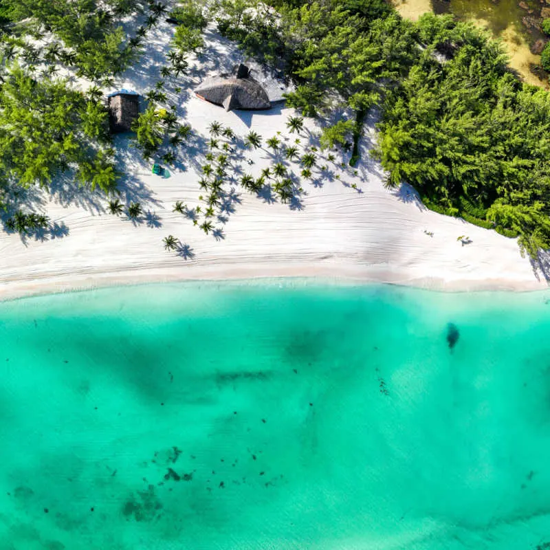 Aerial view of the shore in cozumel with white sand