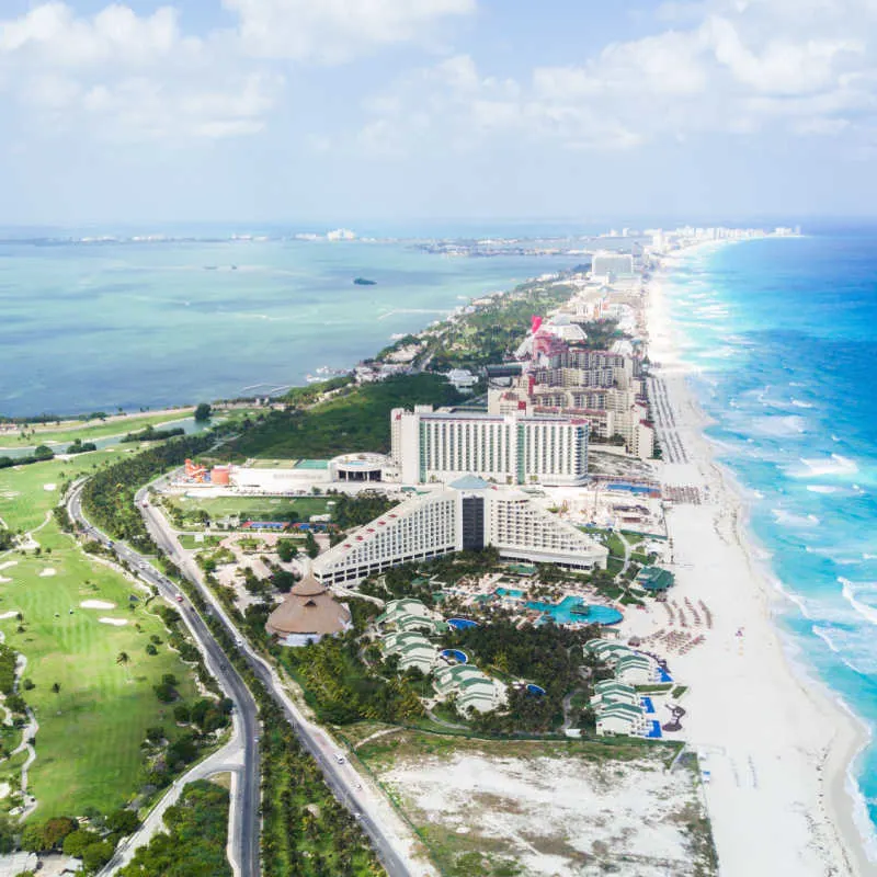 Aerial view of the resort zone in Cancun