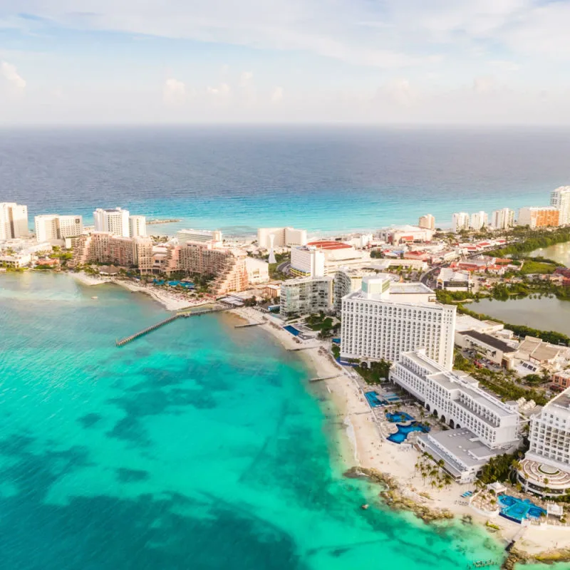 Cancun hotel zone with turquoise blue bay