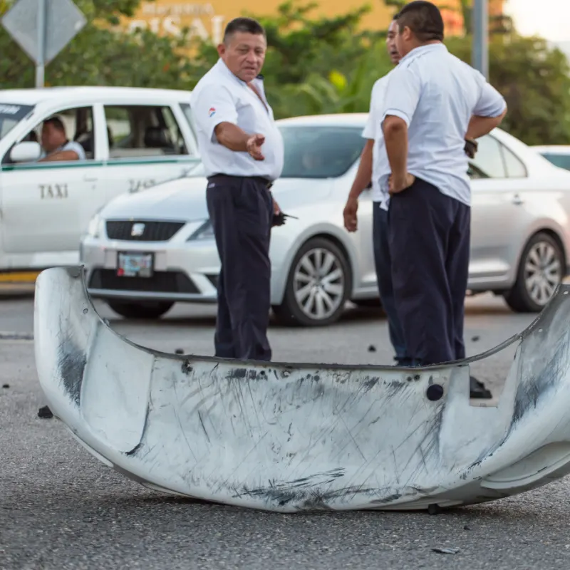 Two Cancun Taxi Drivers Talking to Each Other After a Car Accident