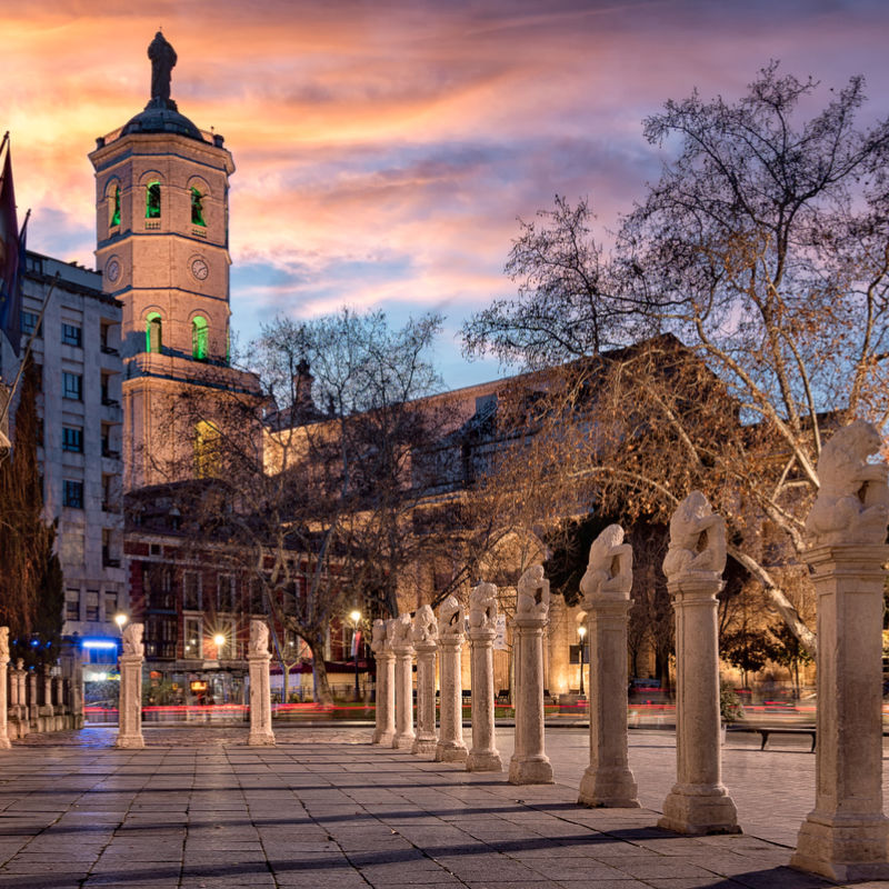 Valladolid city at dusk with church in the background