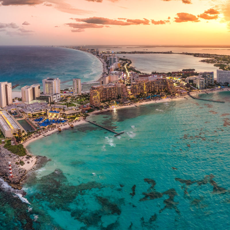 cancun hotel zone at sunset