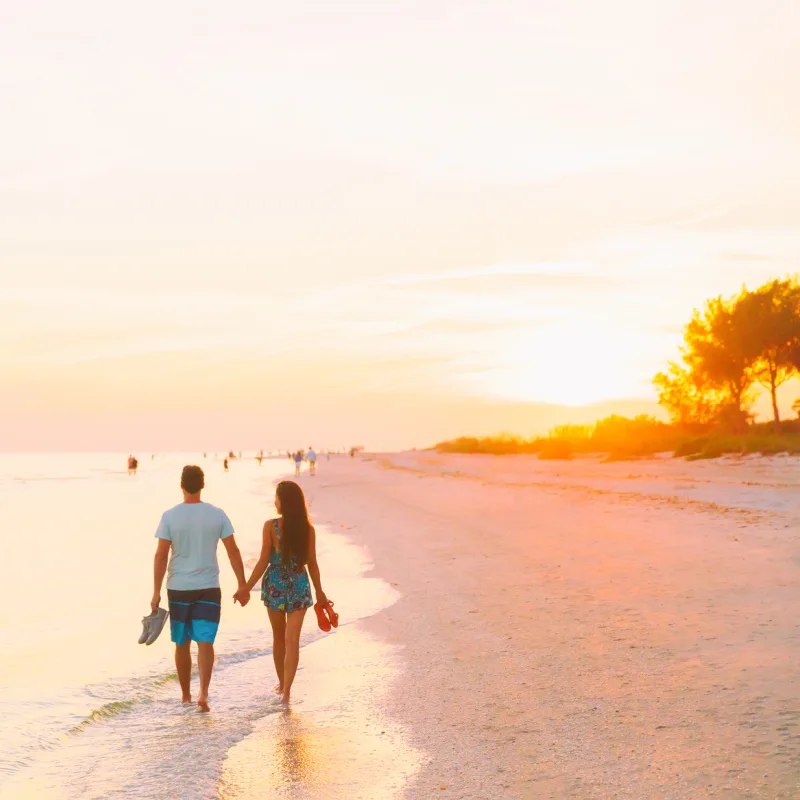 happy tourists walking on the beach at sunset