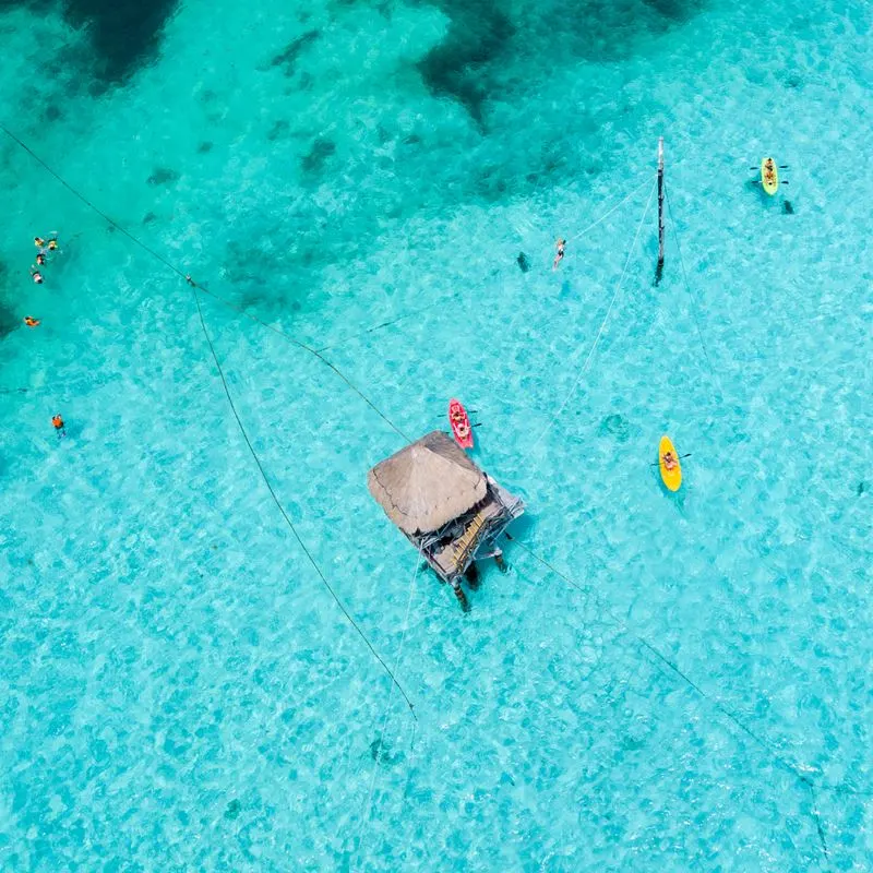 Aerial view of Cancun sea with tourists