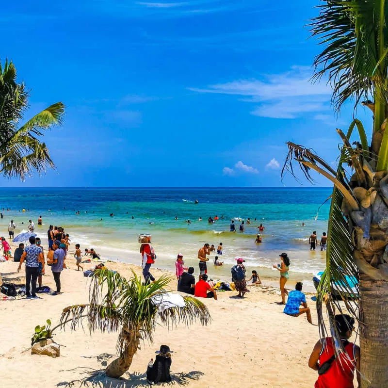 a white sand beach in playa del carmen with swimmers