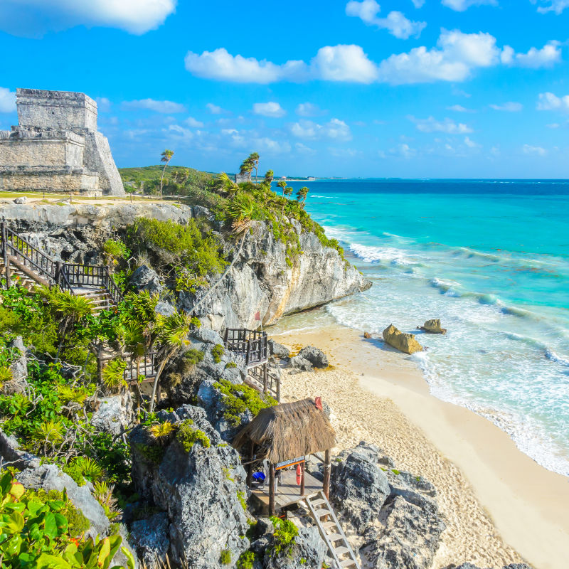 Beautiful View of Tulum Ruins and the Beach in Tulum, Mexico