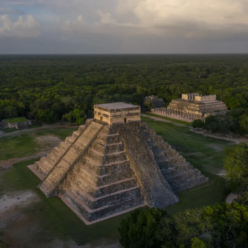 chichen itza aerial view at dusk