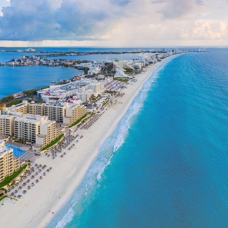 Aerial view of Cancun Hotel Zone with view of the sea and the Nichupté lagoon