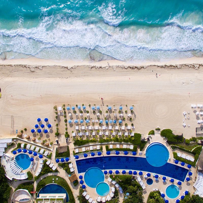 Aerial view of Cancun resort with ocean front