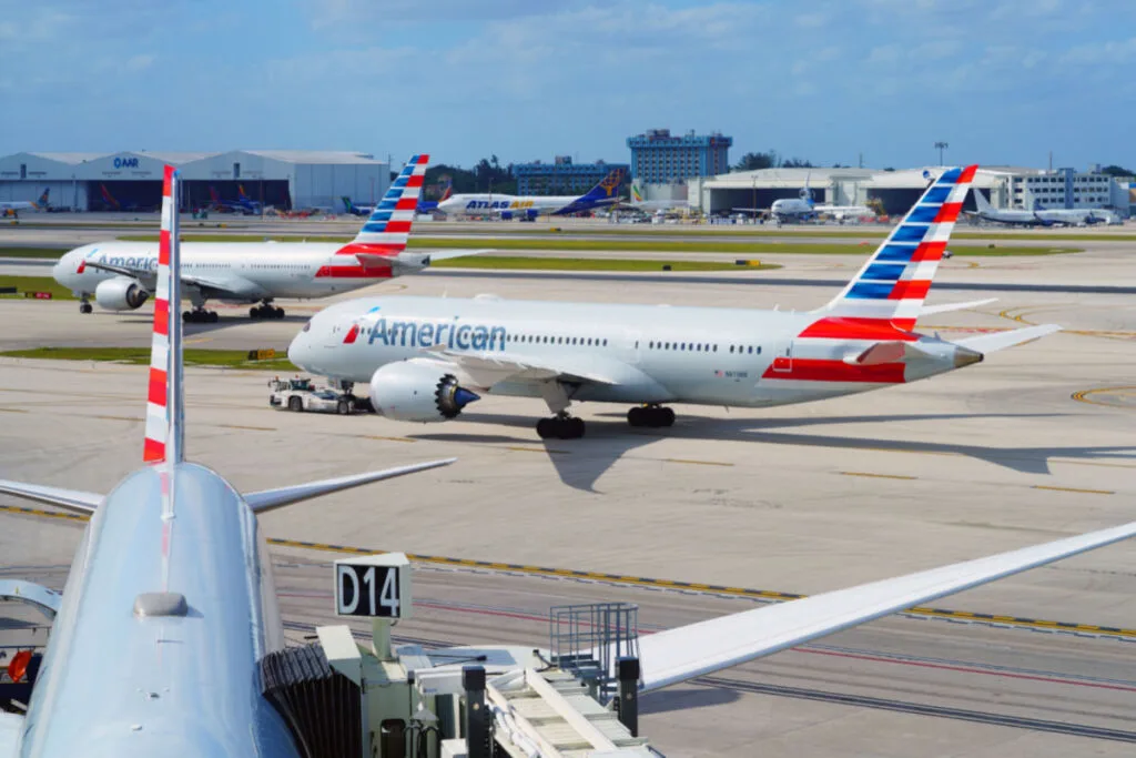 American Airlines planes in a large airport