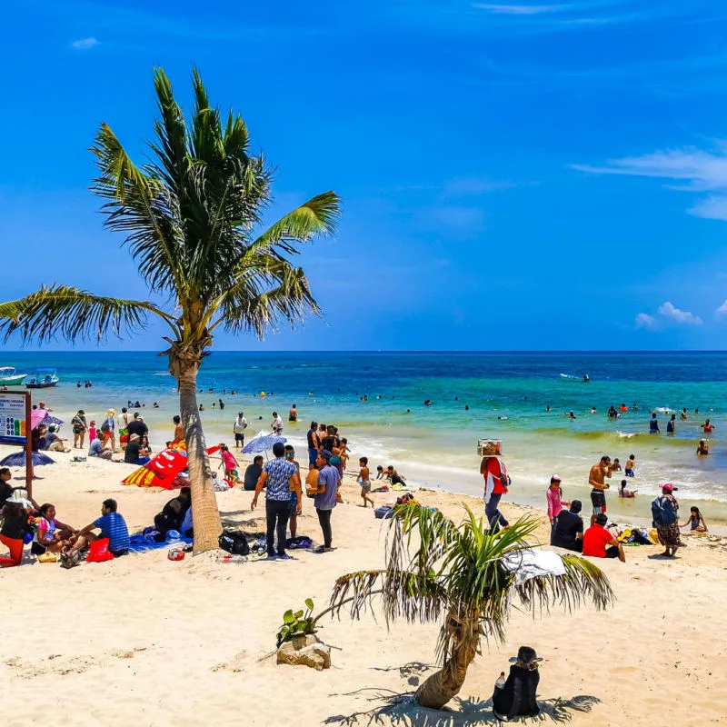 Beach Packed With Tourists in Playa del Carmen, Mexico