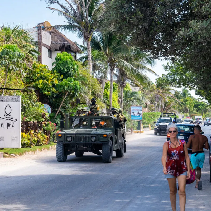 National Guard Truck on the Street in Tulum, Mexico