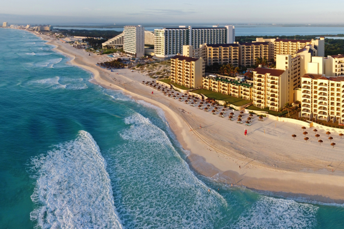 the popular Cancun hotel zone at sun down

