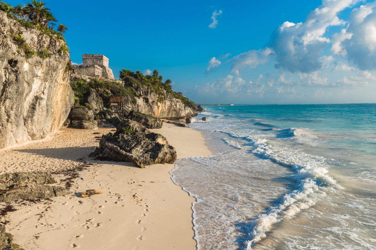 tulum beach with Mayan ruins above