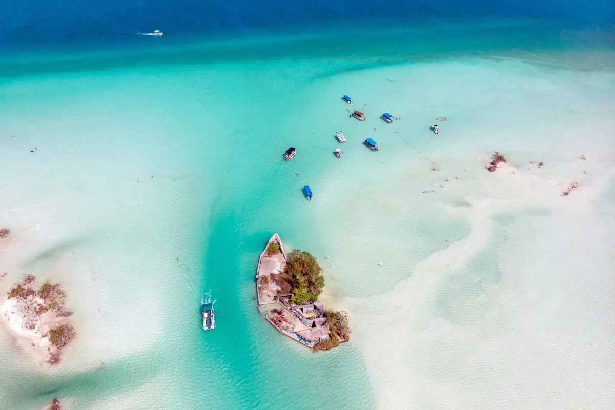 aerial drone view of beach in bacalar