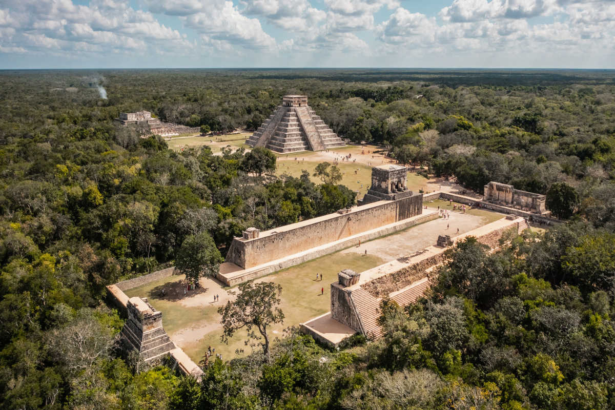 Aerial view of the large pyramid in chichen itza