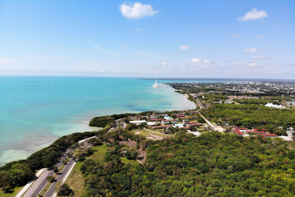 Aerial view of Chetumal and colorful sea