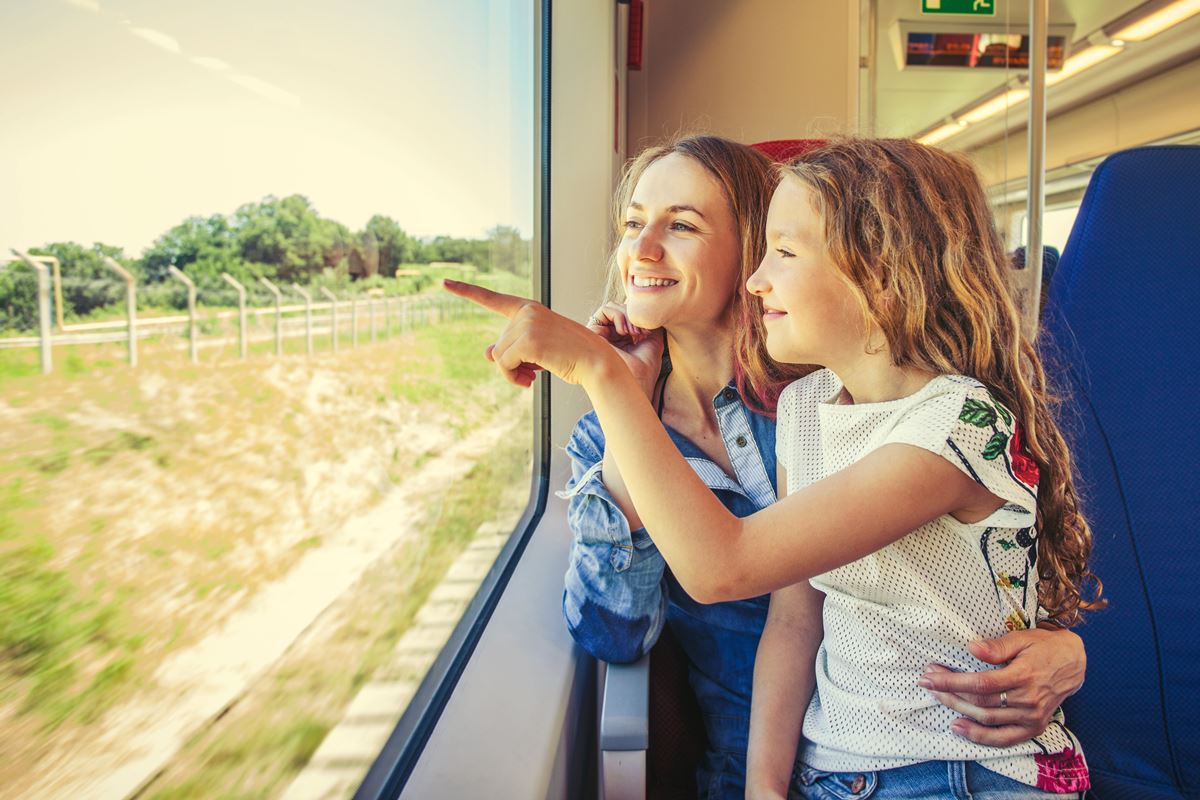 Little girl with his mother on a train looking out the window