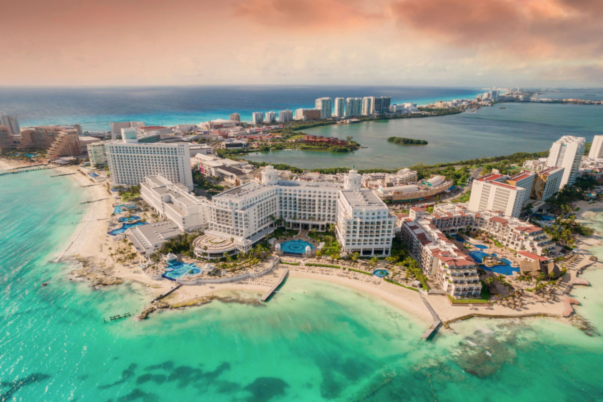 Aerial view of the cancun hotel zone at sunset