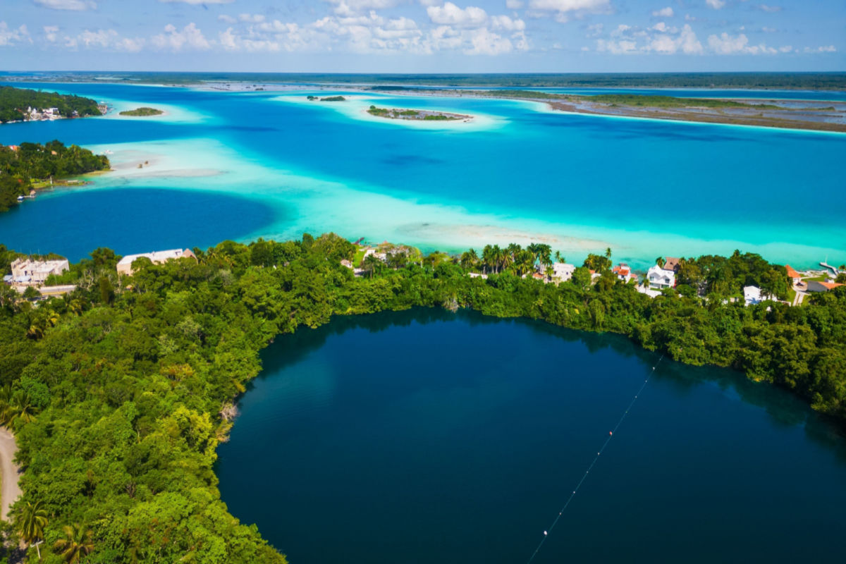 Aerial view of Bacalar's famous lagoon of 7 colors