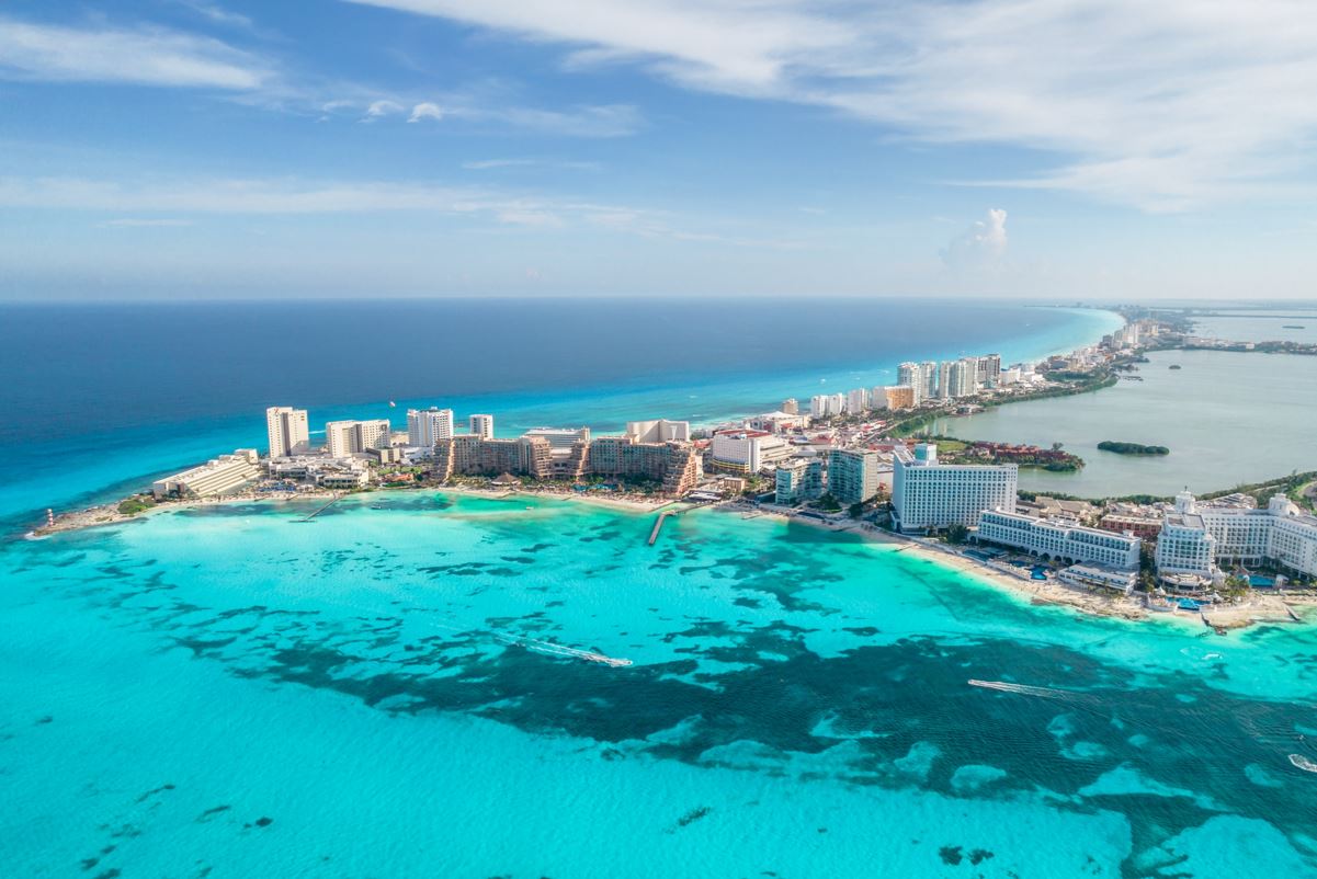 A view of resorts in Cancun hotel zone from the air