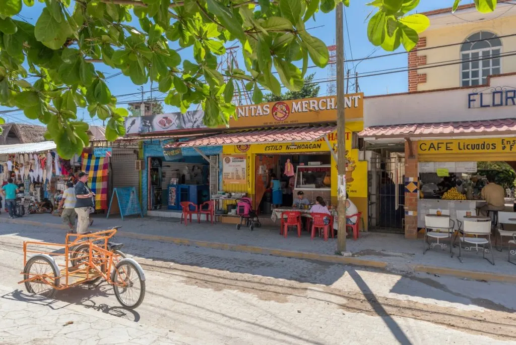 Shops and restaurants on the main street of Tulum, Quintana Roo, Mexico