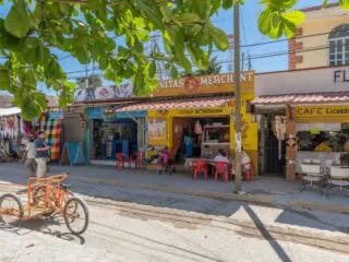 Shops and restaurants on the main street of Tulum, Quintana Roo, Mexico