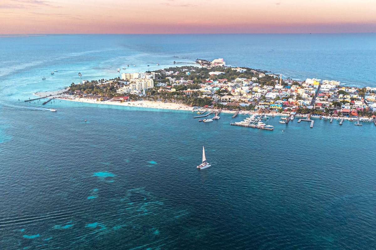 Aerial view of Isla Mujeres during a sunset