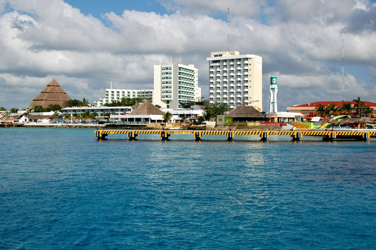 Cozumel Island with ferry dock, resorts, restaurants in the background