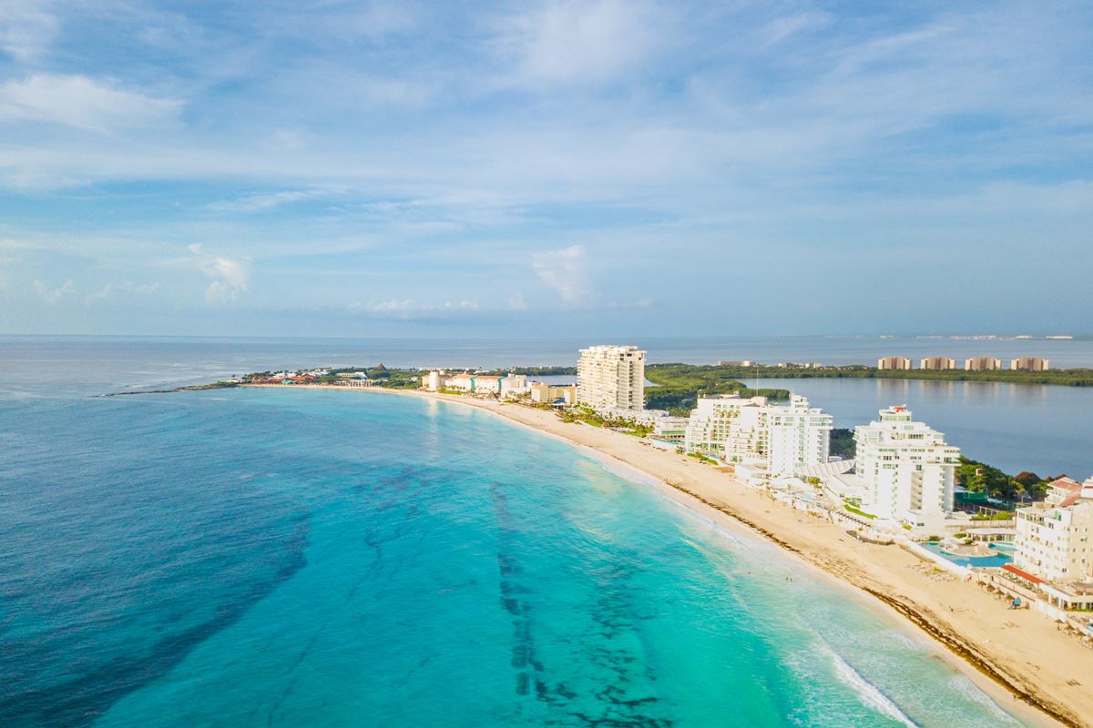 Aerial view of Cancun hotel zone on a calm day