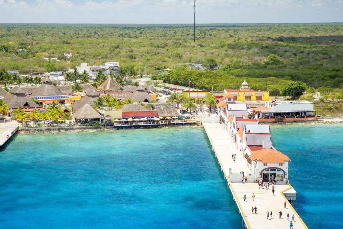 A deep blue port area on the island of Cozumel