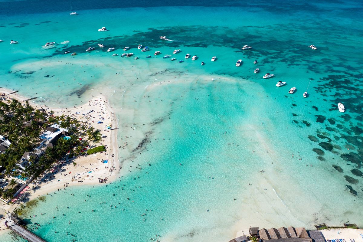 Aerial view of beautiful Playa Norte beach in Isla Mujeres