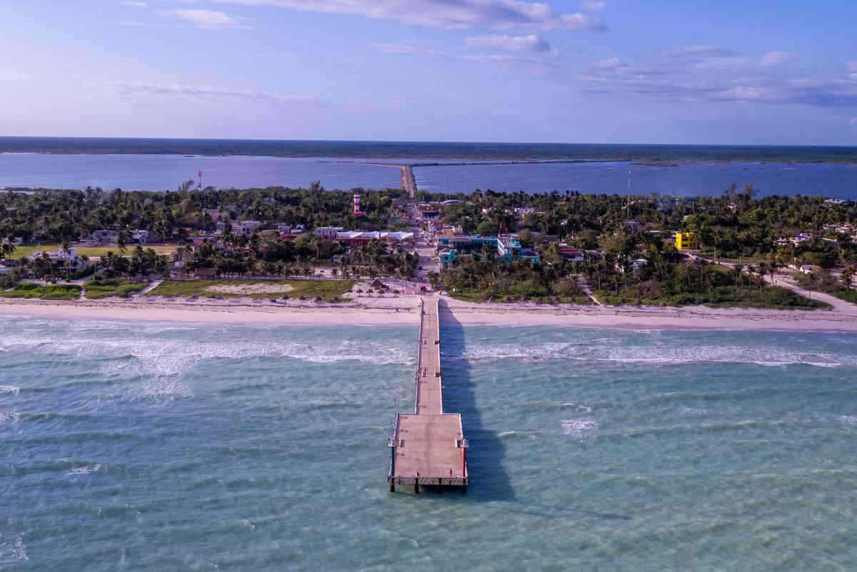 An aerial view of El Cuyo pier and beach