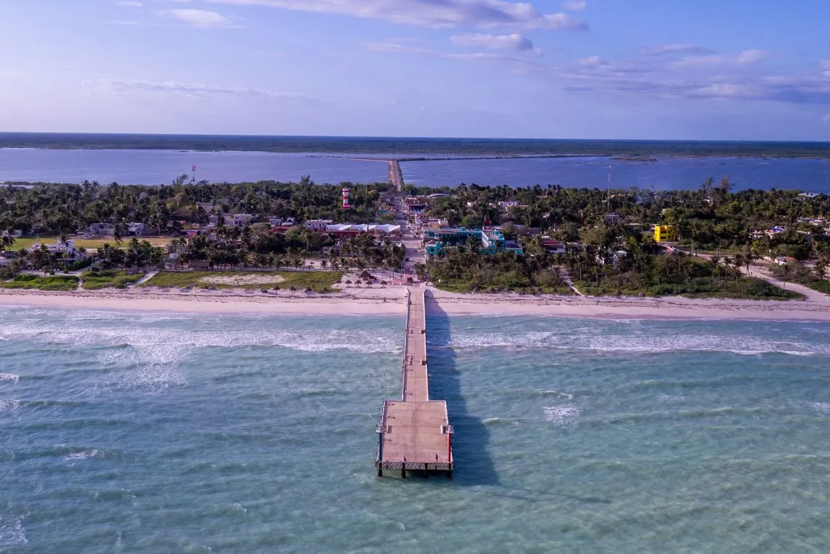 An aerial view of El Cuyo pier and beach