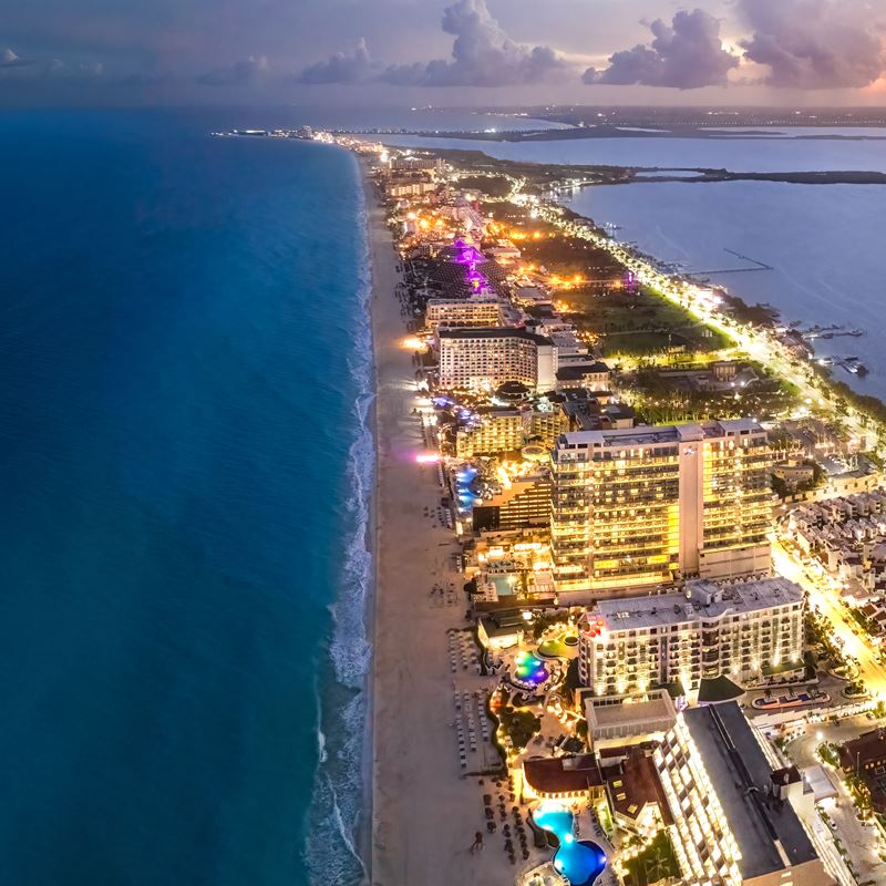 Aerial view of Cancun Hotel Zone during sundown